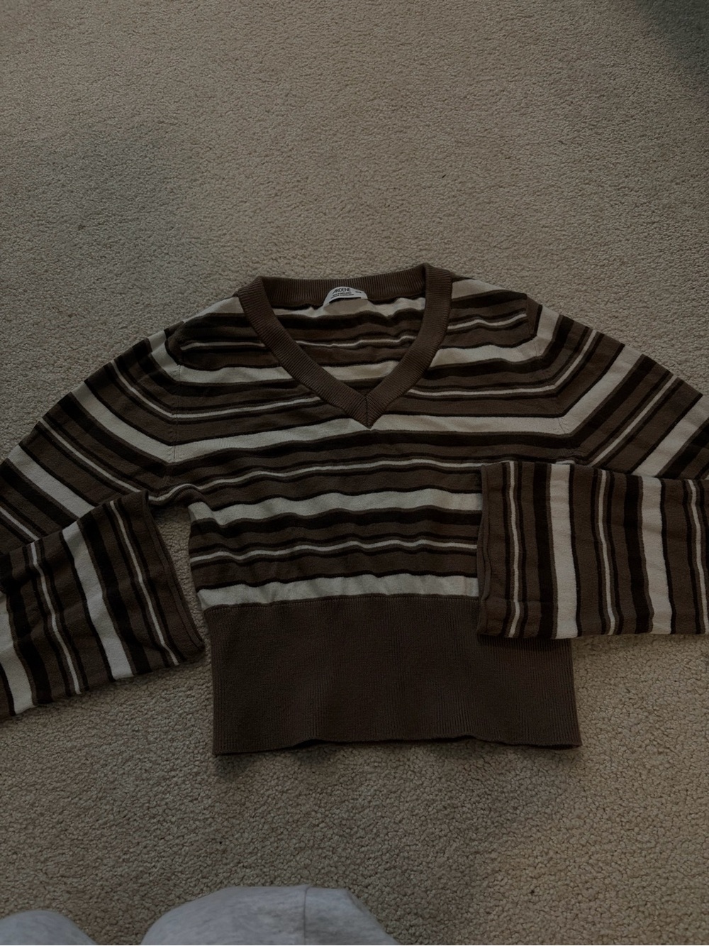 Ardene Women's Brown and Cream Striped V-Neck Sweater